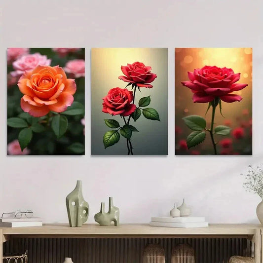 3pcs Vibrant Pink, Orange & Red Roses Green Wall Art Set Canvas Framed 40x60cm - High Quality Print 100% Australian Made Wall Canvas Ready to Hang