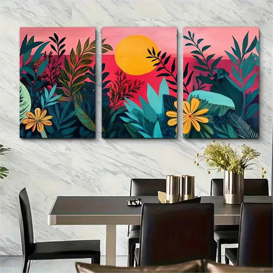 3pcs Mid Century Modern Floral Print with Warm Metal Print Ready to Hang Art