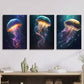 3pcs Vibrant Deep Space Sea Life Glowing Metal Print Ready to Hang Art