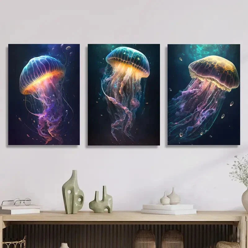 3pcs Vibrant Deep Space Sea Life Glowing Metal Print Ready to Hang Art