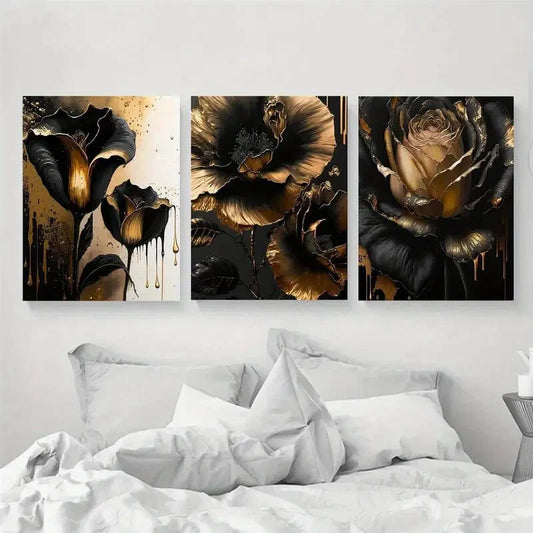 3pcs Black And Golden Hibiscus, Daisies, And Roses Metal Print Ready to Hang Art