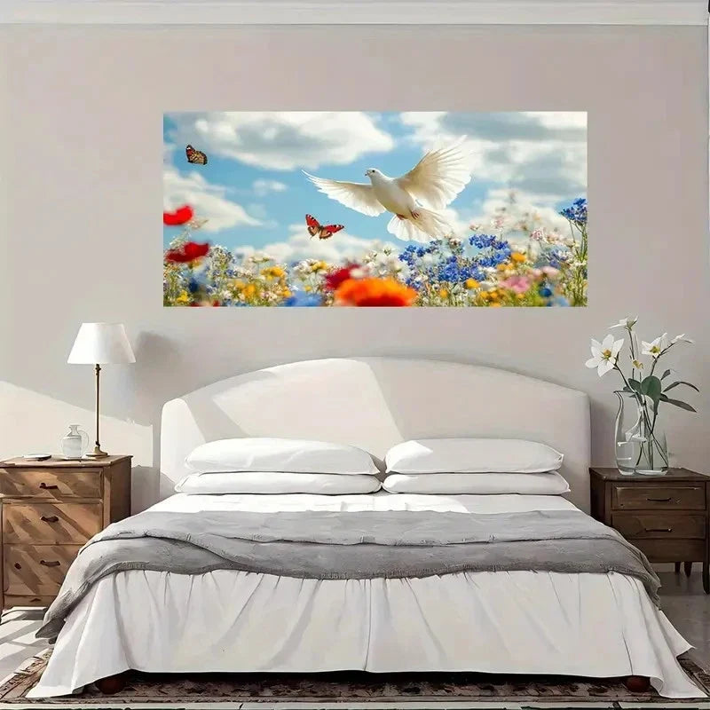 White Dove & Butterflies Wall Art Canvas Office Home Room Framed 120x60cm