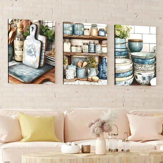 3pcs Modern American Art Deco Style Blue White Wall Art Set Canvas Framed 40x60cm - High Quality Print 100% Australian Made Wall Canvas Ready to Hang