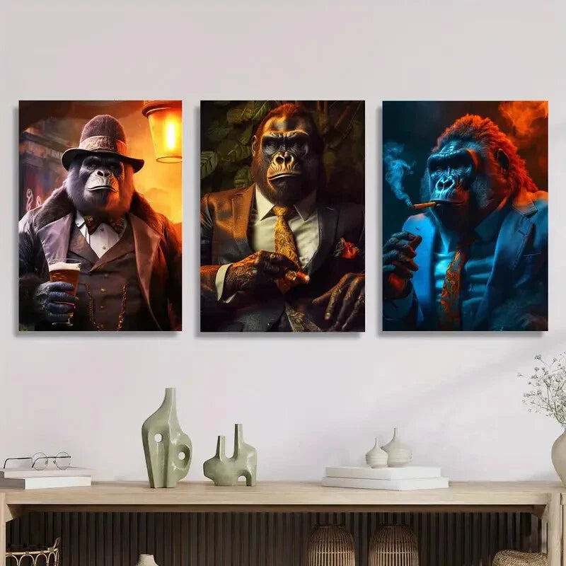 3pcs Art Deco Monkey in Suit Metal Print Ready to Hang Art