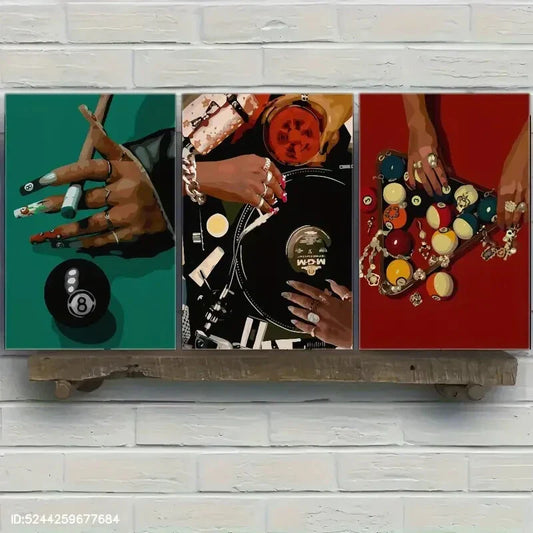 3pcs 8 Ball Art Snooker Art Black Girl Fashion Art Metal Print Ready to Hang Art