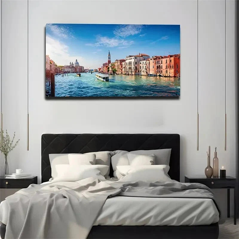 Vibrant Venetian Water Wall Art Canvas Office Home Room Framed 80x45cm