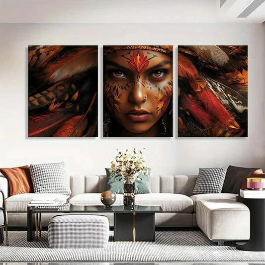 3pcs Indigenous Warrior Woman Beauty Prefect Wall Art Set Canvas Framed 40x60cm - High Quality Print 100% Australian Made Wall Canvas Ready to Hang
