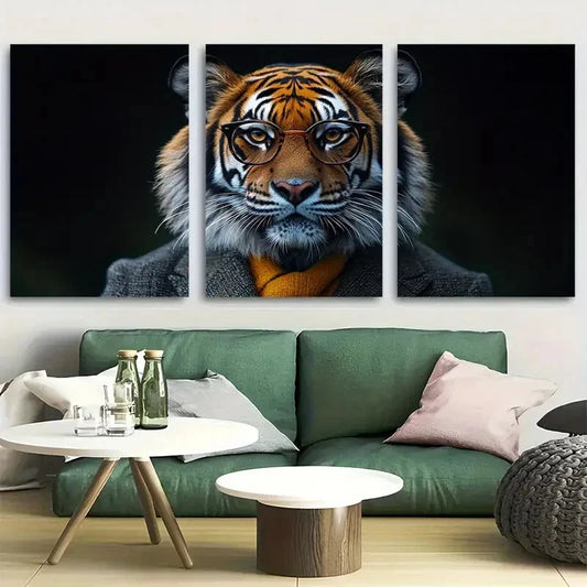 3pcs Quirky Tiger in Suit with Glasses Design Metal Print Ready to Hang Art