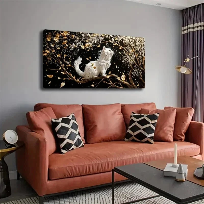 A White Cat Sitting On A Tree Wall Art Canvas Office Home Room Framed 120x60cm