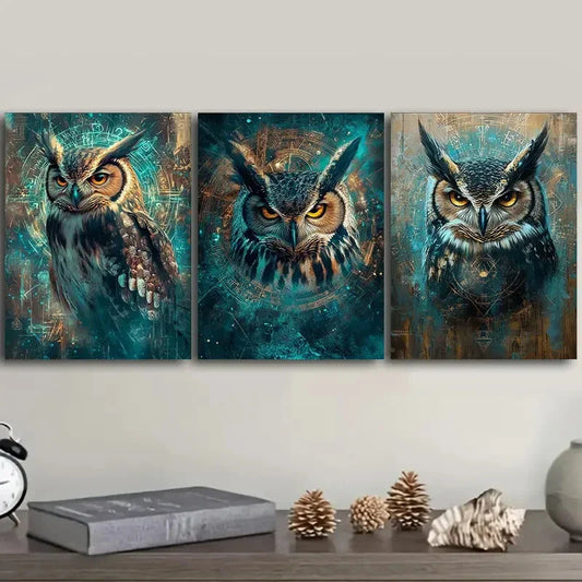 3pcs A mysterious owl Art Painting Metal Print Ready to Hang Art