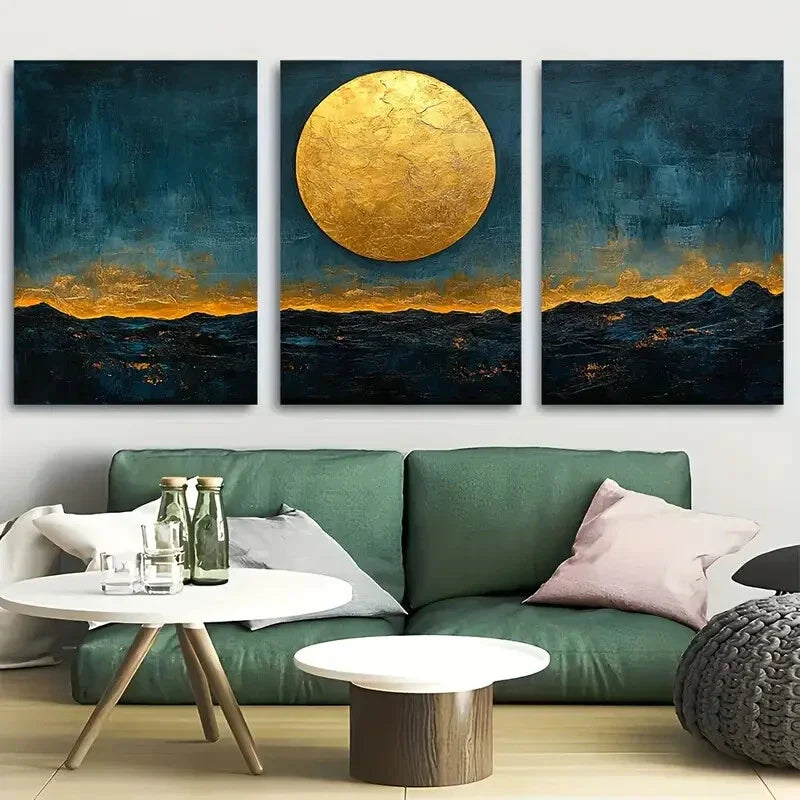 3pcs Golden Moon on Indigo Night Sky Metal Print Ready to Hang Art