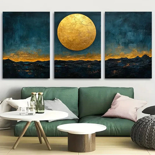 3pcs Golden Moon on Indigo Night Sky Metal Print Ready to Hang Art