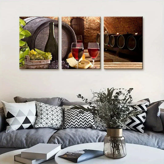3pcs Red Wine Giclee Wine Glass Green Leaves Metal Print Ready to Hang Art