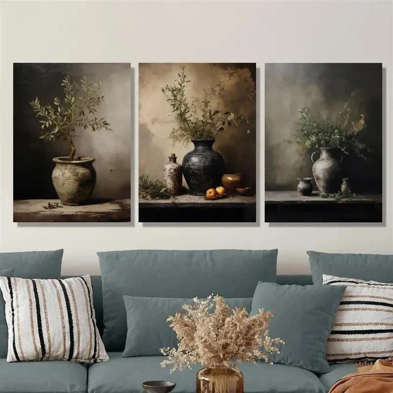 3pcs ,vintage still life art, vintage olive plant Metal Print Ready to Hang Art