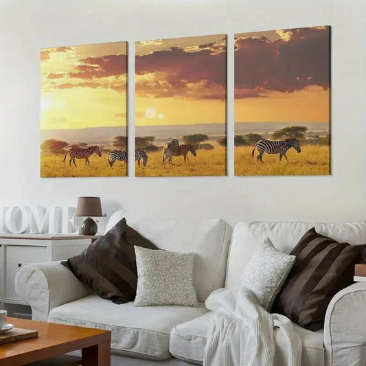 3pcs African Savannah Sunset Zebra Landscape Wall Art Set Canvas Framed 40x60cm - High Quality Print 100% Australian Made Wall Canvas Ready to Hang