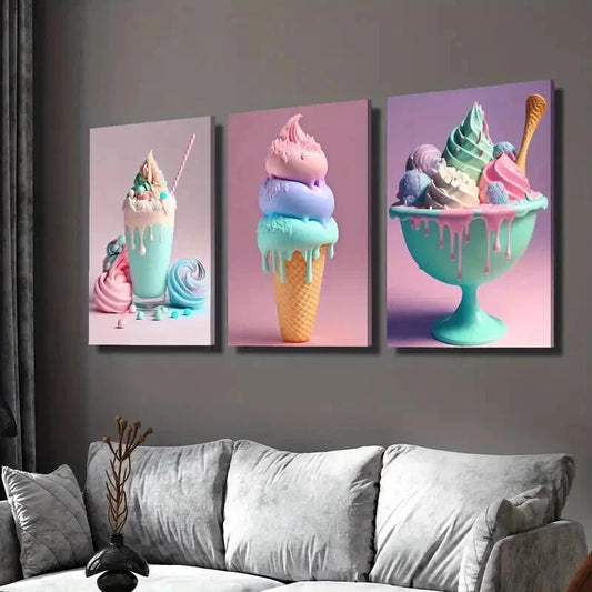 3pcs Vibrant Colorful Ice Cream Dessert Wall Art Set Canvas Framed 40x60cm - High Quality Print 100% Australian Made Wall Canvas Ready to Hang