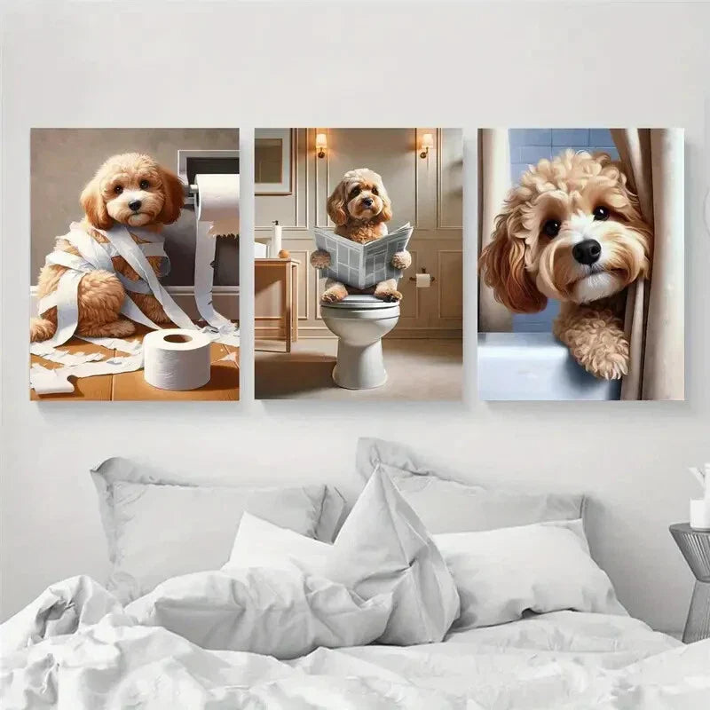 3pcs Dog Sitting on Toilet Reading Newspaper Metal Print Ready to Hang Art