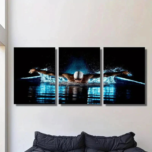 3pcs swimmer performing butterfly stroke, Metal Print Ready to Hang Art