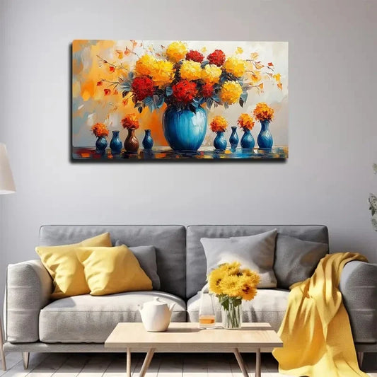 Vibrant Yellow and Red Floral Wall Art canvas office home room framed 120x60cm