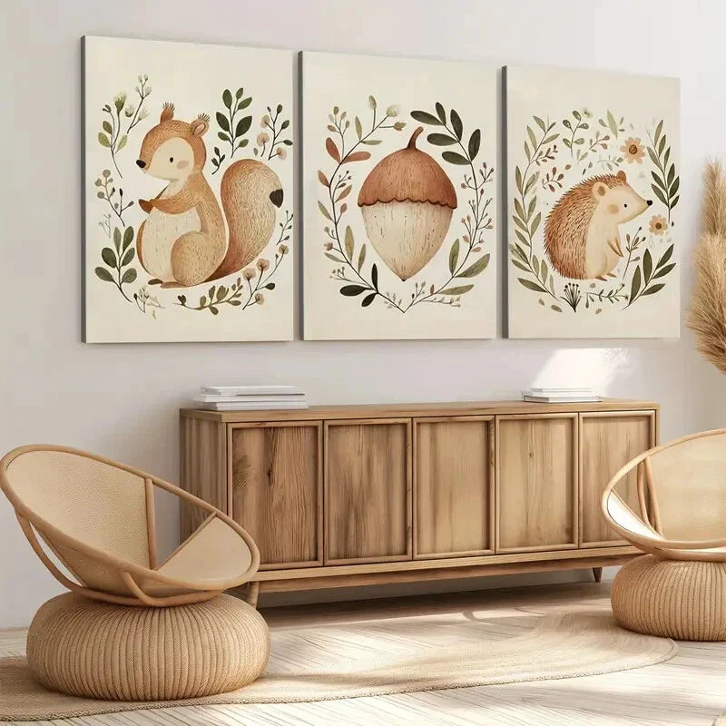 3pcs Squirrel Hedgehog Acorn Green Leaves Tail Wall Art Set Canvas Framed 40x60cm - High Quality Print 100% Australian Made Wall Canvas Ready to Hang
