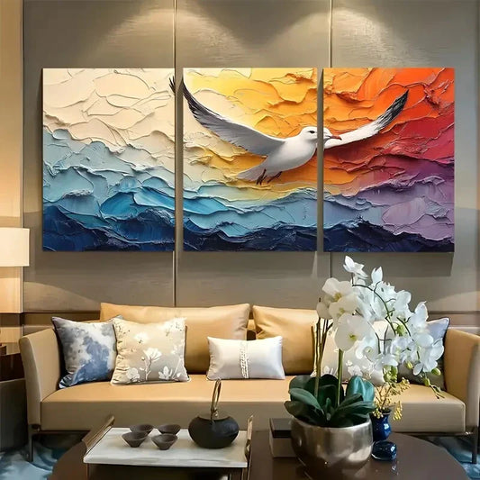 3pcs Calming Seagull and Rainbow Seascape Design Metal Print Ready to Hang Art