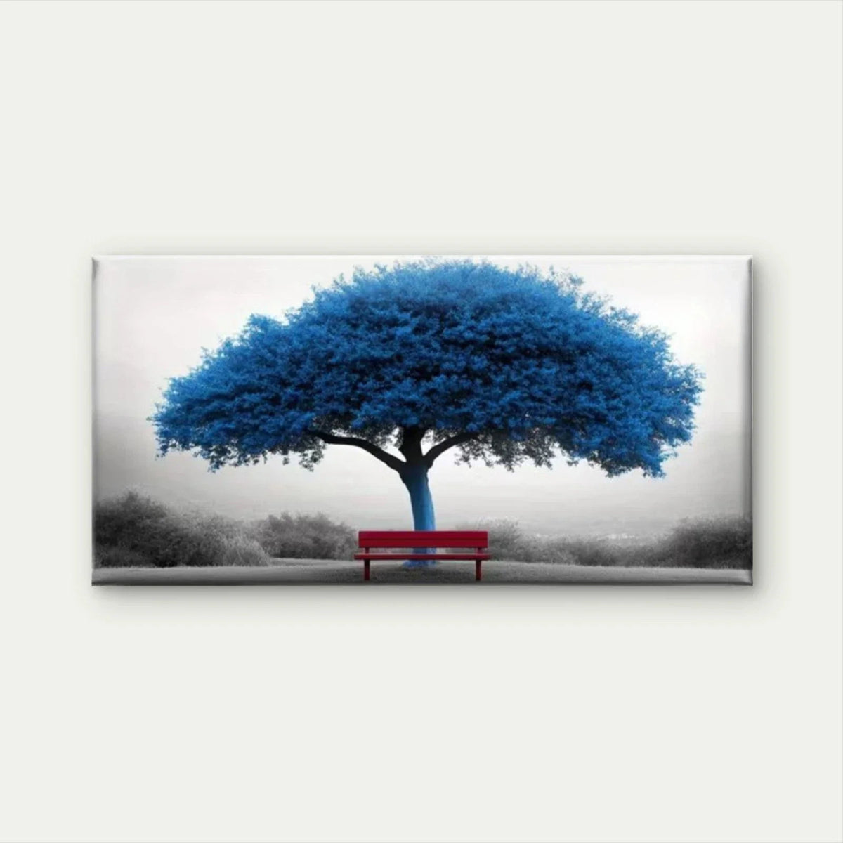 Blue Tree & Red Bench Landscape Wall Art Canvas Office Home Room Framed 80x45cm