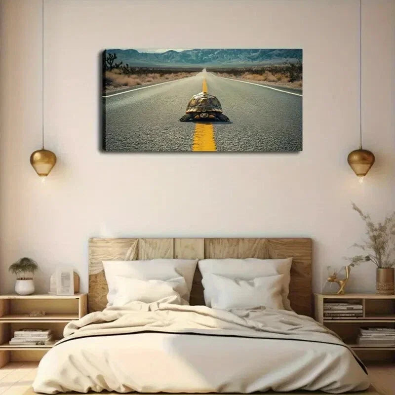 Turtle on Road with Yellow Line Wall Art Canvas Office Home Room Framed 120x60cm