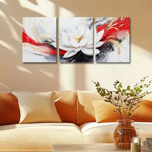 3pcs White Lotus Flower with Vibrant Abstract Metal Print Ready to Hang Art