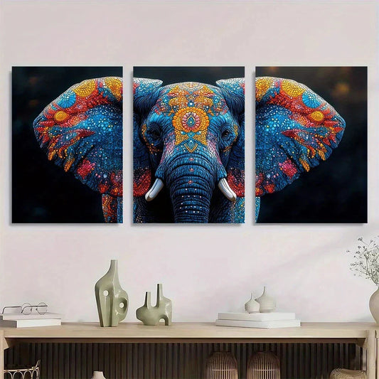 3pcs Indian Elephant Vibrant Colourful Metal Print Ready to Hang Art
