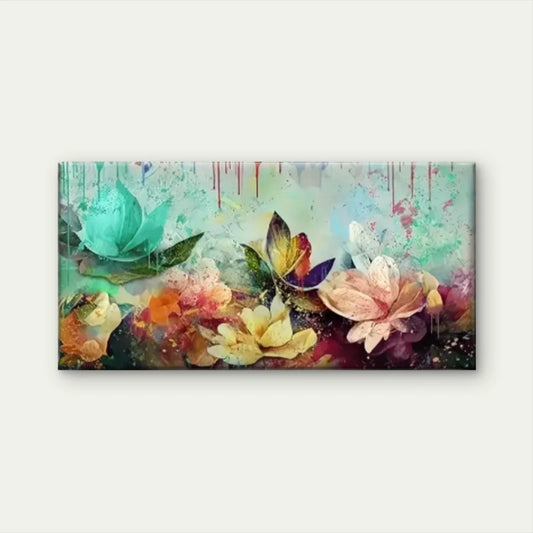 Vibrant Floral Teal Flowers Wall Art Canvas Office Home Room Framed 80x45cm