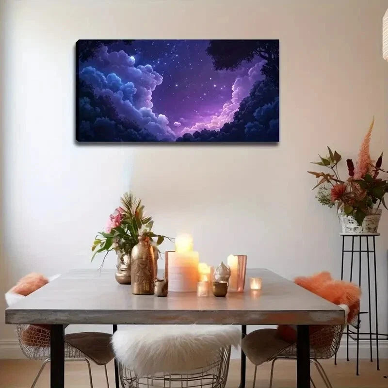 Dreamy Purple Sky with Stars Wall Art Canvas Office Home Room Framed 80x45cm