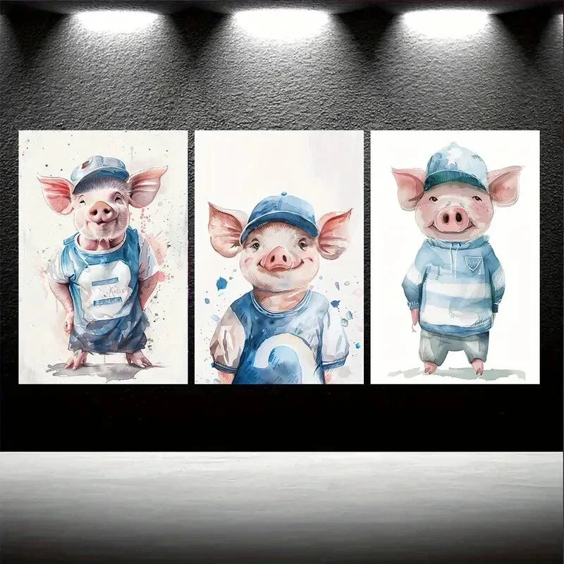 3pcs Adorable Cartoon Pig Blue & Pink Metal Print Ready to Hang Art