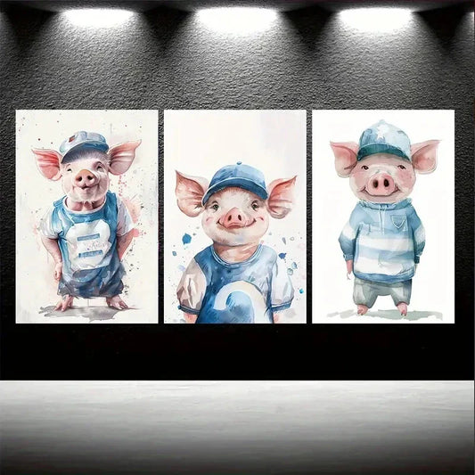 3pcs Adorable Cartoon Pig Blue & Pink Metal Print Ready to Hang Art