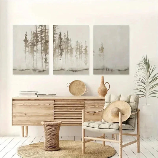 3pcs Abstract Beige White Forest Tree Metal Print Ready to Hang Art