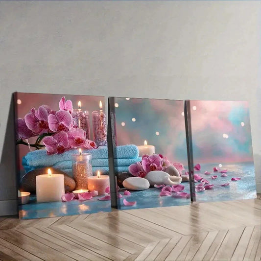 3pcs Spa candle Floral  Wall Art Set Canvas Framed 40x60cm - High Quality Print 100% Australian Made Wall Canvas Ready to Hang