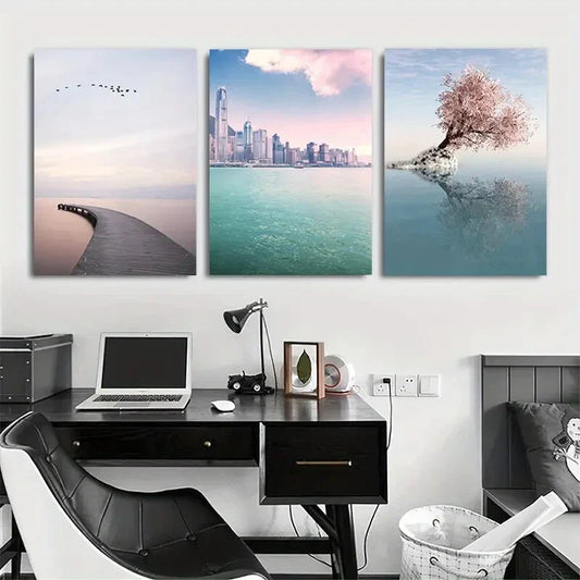3pcs Pink Tree and Cityscape Flying Birds Metal Print Ready to Hang Art