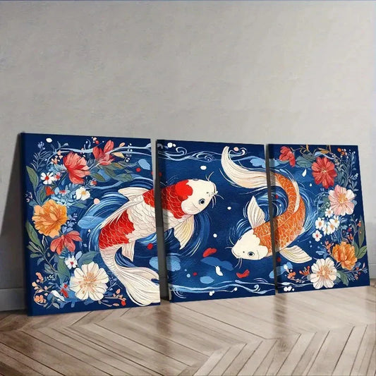 3pcs Red and White Koi Fish with Vibrant Floral Wall Art Set Canvas Framed 40x60cm - High Quality Print 100% Australian Made Wall Canvas Ready to Hang