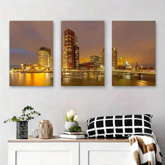 3pcs Nighttime Long Exposure Cityscape Metal Print Ready to Hang Art