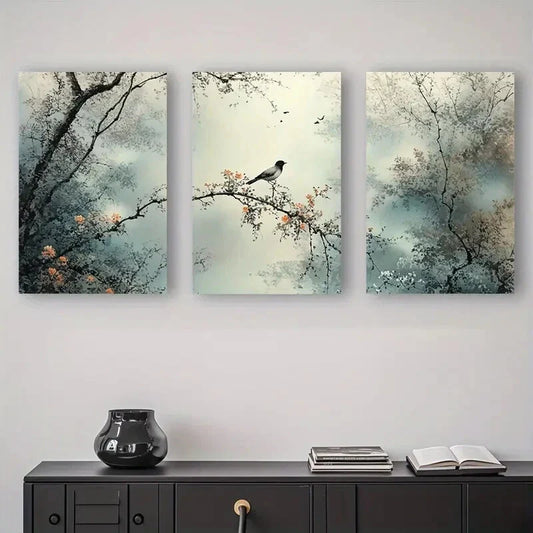 3pcs Modern Abstract Bird & Branch Canvas Metal Print Ready to Hang Art