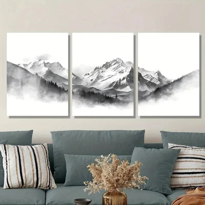 3pcs Snow-Capped Peaks and Foggy Forest Metal Print Ready to Hang Art