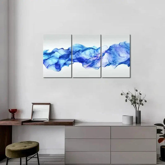 3pcs  Abstract Blue Smoke Painting Pictures  Metal Print Ready to Hang Art
