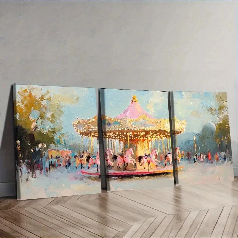 3pcs The pink carousel  Wall Art Set Canvas Framed 40x60cm - High Quality Print 100% Australian Made Wall Canvas Ready to Hang