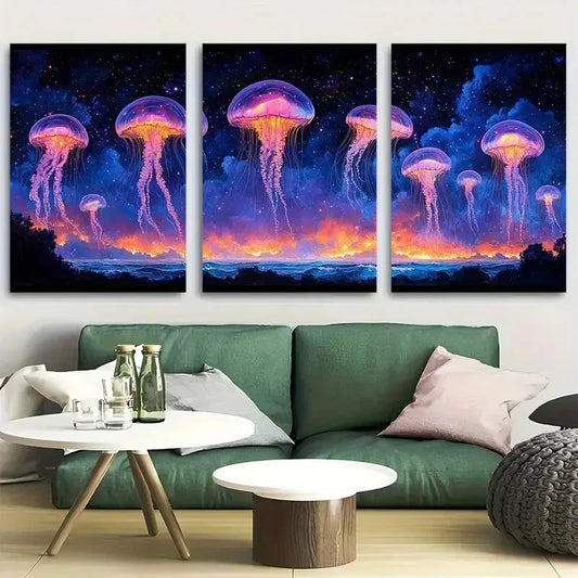 3pcs Jellyfish Floating Above The Water Metal Print Ready to Hang Art