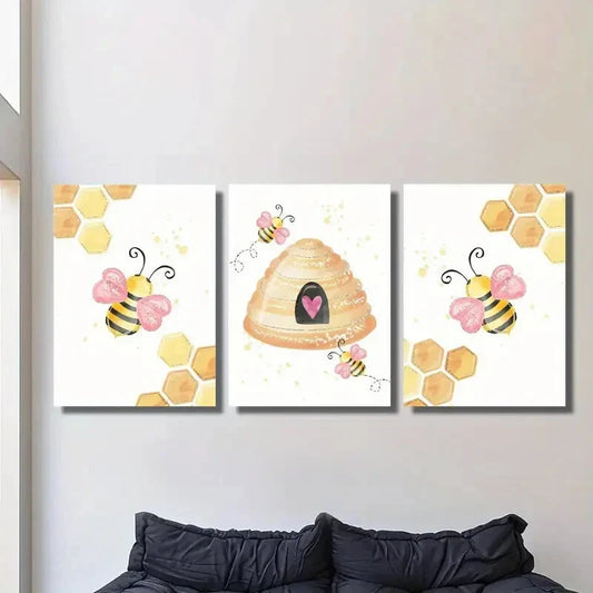 3pcs Cute Cartoon Bees &amp; Sunflower Metal Print Ready to Hang Art