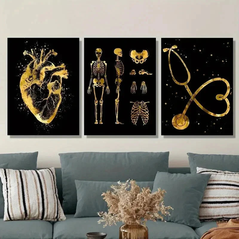 3pcs Paintings with Stethoscope, Metal Print Ready to Hang Art