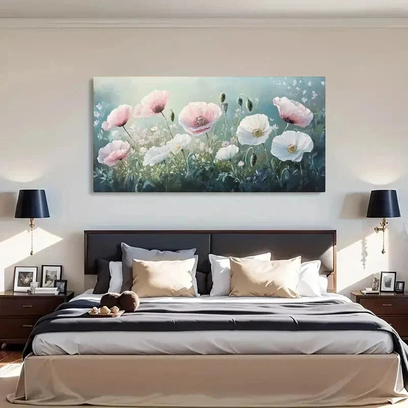 Pink Poppies & Blooming Flowers Wall Art Canvas Office Home Room Framed 120x60cm