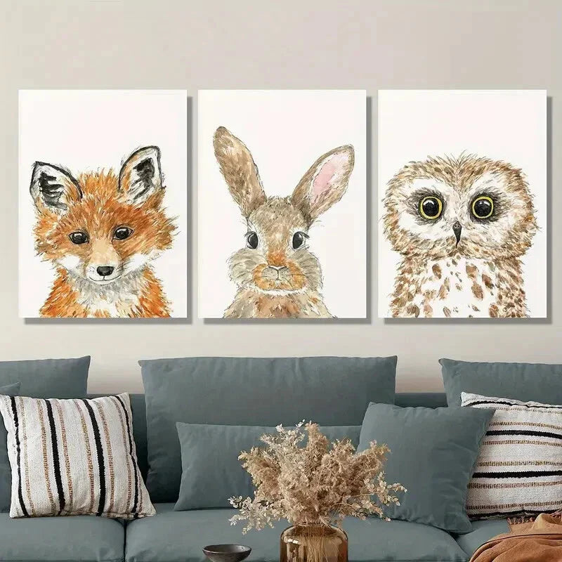3pcs , Cute Fox Rabbit Owl, Woodland Metal Print Ready to Hang Art