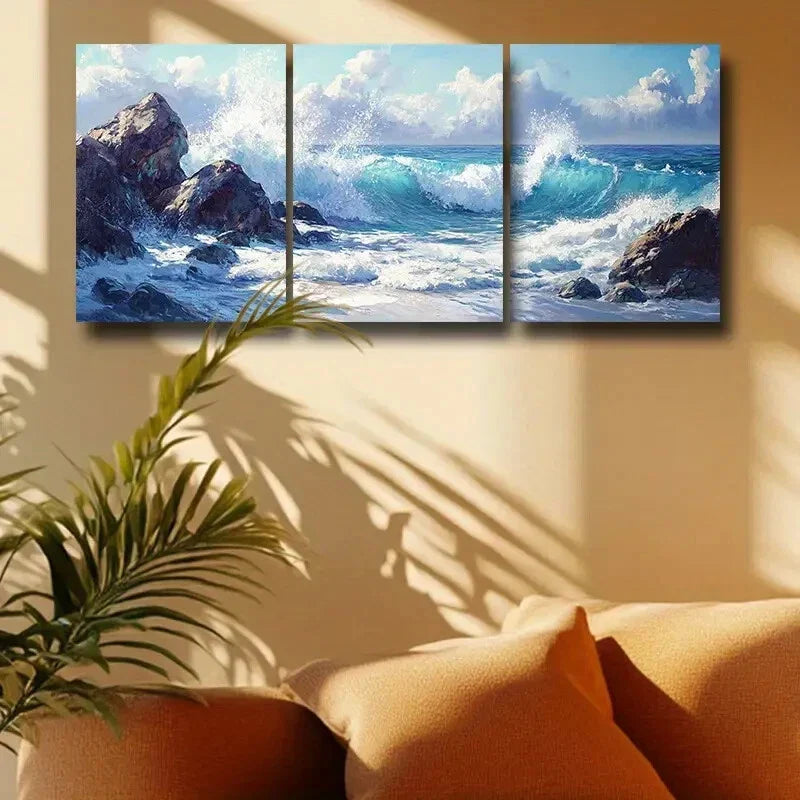 3pcs Vibrant Blue Sea Waves Crashing Against Rock Metal Print Ready to Hang Art