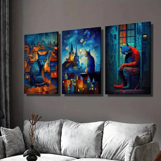 3pcs Cat Sitting on the Roof Starry Night Sky Wall Art Set Canvas Framed 40x60cm - High Quality Print 100% Australian Made Wall Canvas Ready to Hang