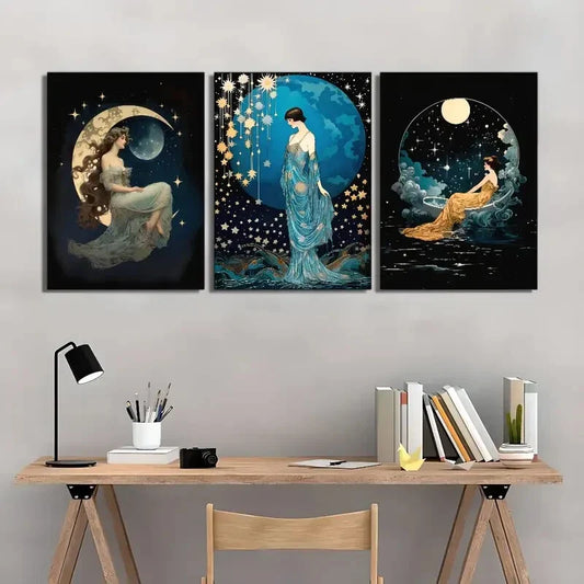 3pcs Featuring a Moon Goddess Stunning Metal Print Ready to Hang Art